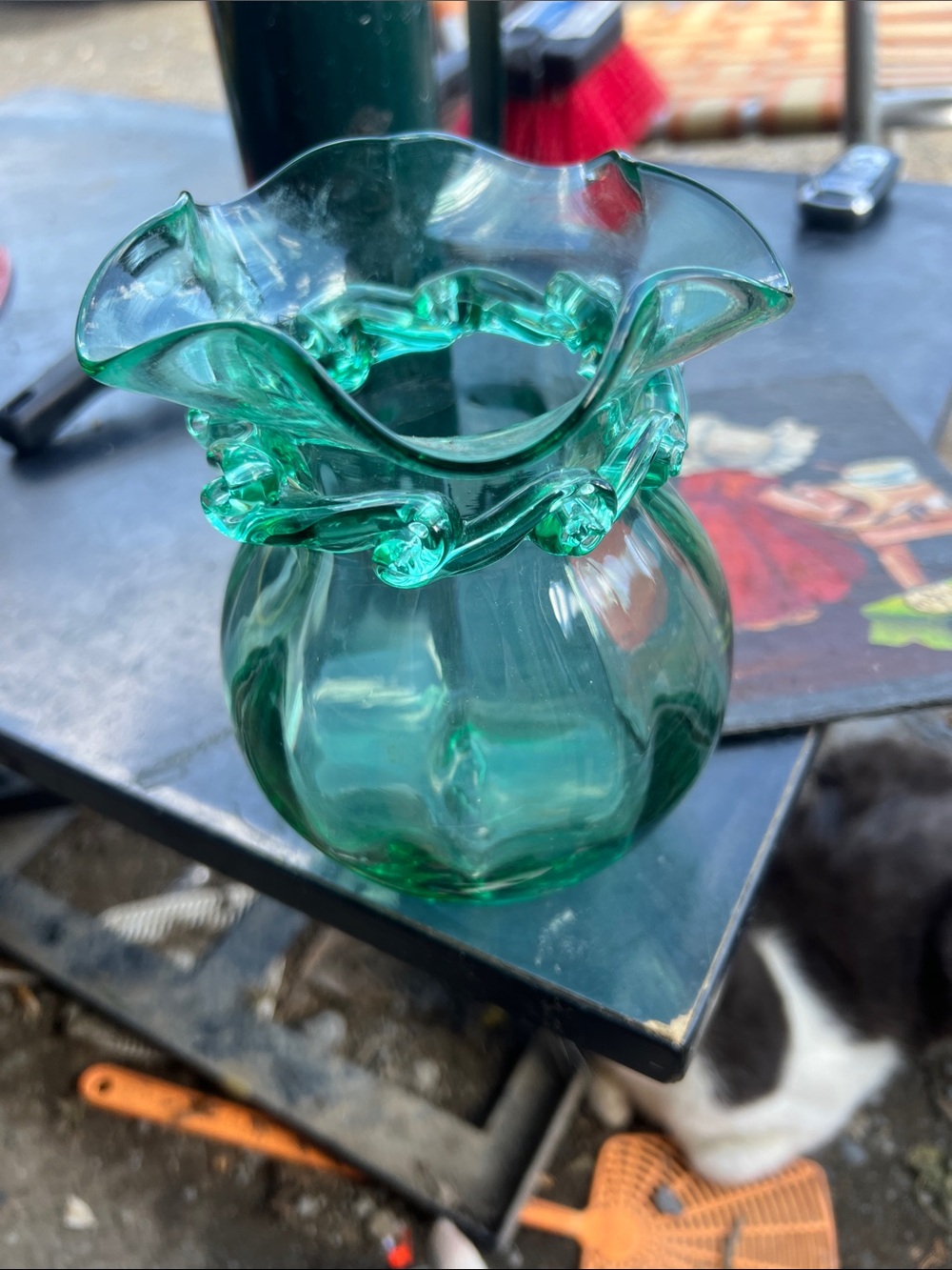 Vintage Green Ruffled Art Glass Vase